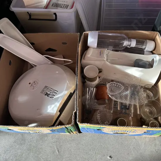Two boxes George Forman grilling machine, Soda Stream, crystal and Crown Lynn etc.