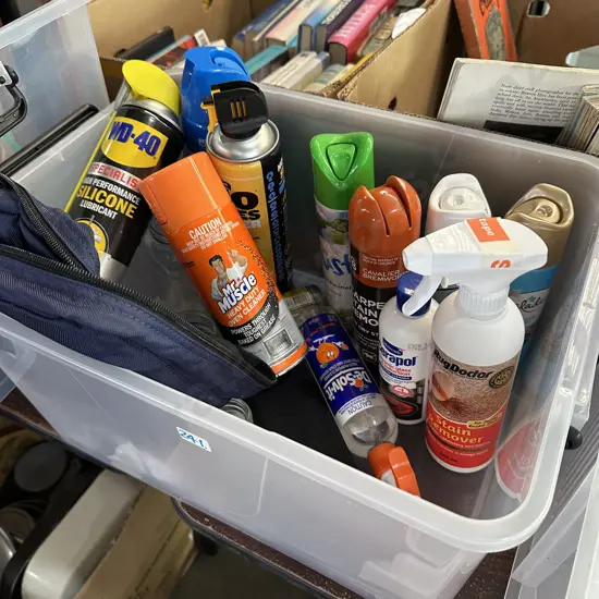 Bin of fly spray, Mr Muscle, carpet stain remover, cooktop cleaner, air freshener etc.