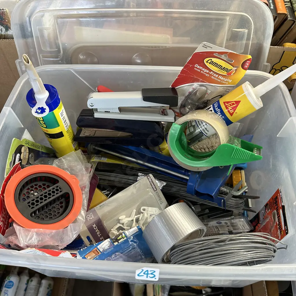 Lidded bin with hardware, stainless steel flat head nails, wire etc. Image 1++