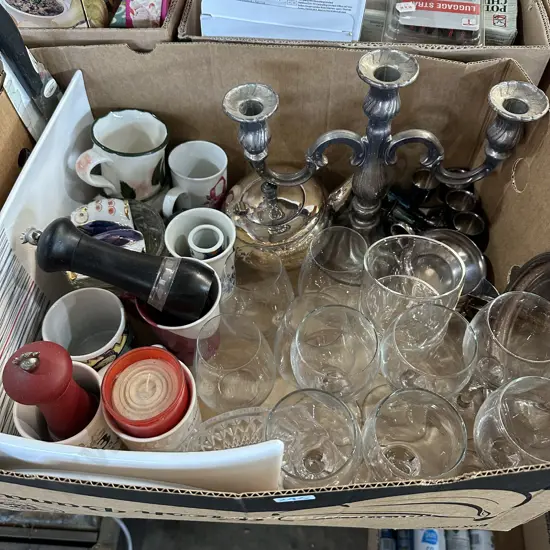 Box lot candle stick, serving plates, glasses including Krosno, silverware etc.