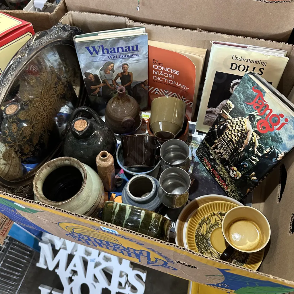 Box lot pottery, maori books, crown lynn etc. Image 1++