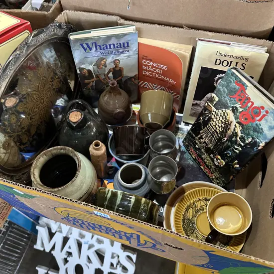 Box lot pottery, maori books, crown lynn etc.