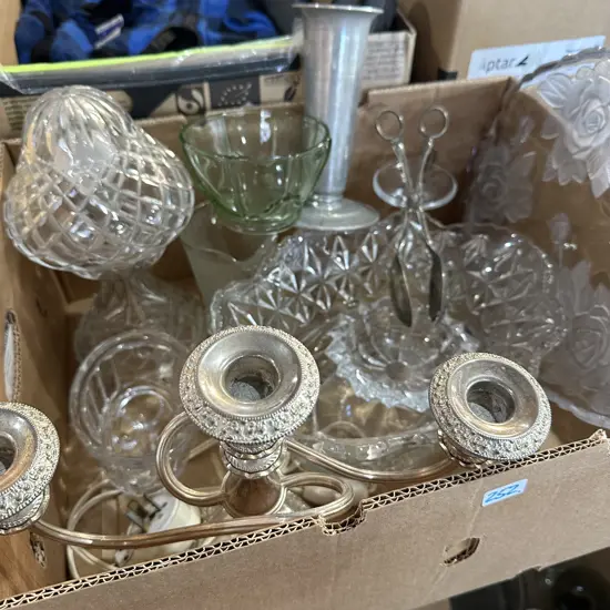 Box lot candleabra, glassware lamp tray bowl, vases etc.