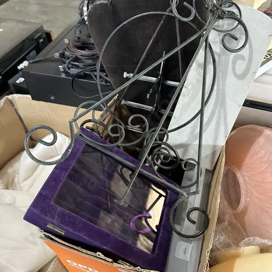 Box lot, book and jewellery stands etc.