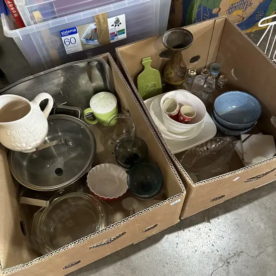 Two boxes lidded pot, dinnerware plus solid brass vase etc.