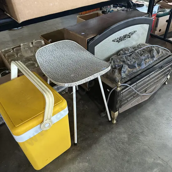 Chilly bin, seat, artificial fire heater.
