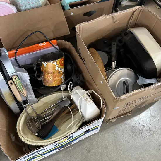 Two boxes pots, enamelware roaster, electric frying pan etc.