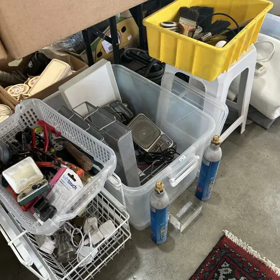 Plastic stool, bin with radios, soda stream bottles etc.