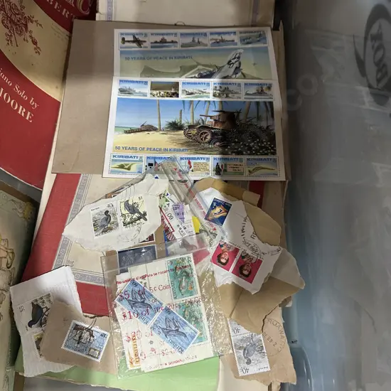 Lidded Bin with Stamps & music sheets, books etc.