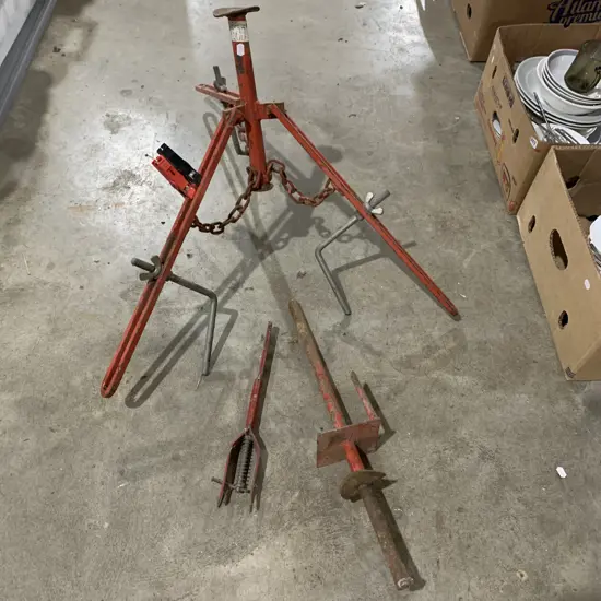 Cyclone nail box with fence wire spinning jenny and ratchet wire strainers etc. 2 photos