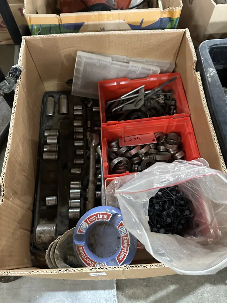Box lot sockets, hose clamps, grape vine plastic tie clips etc. Image 1++