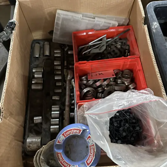 Box lot sockets, hose clamps, grape vine plastic tie clips etc.