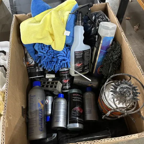 Box lot of paint and car cleaning products etc.