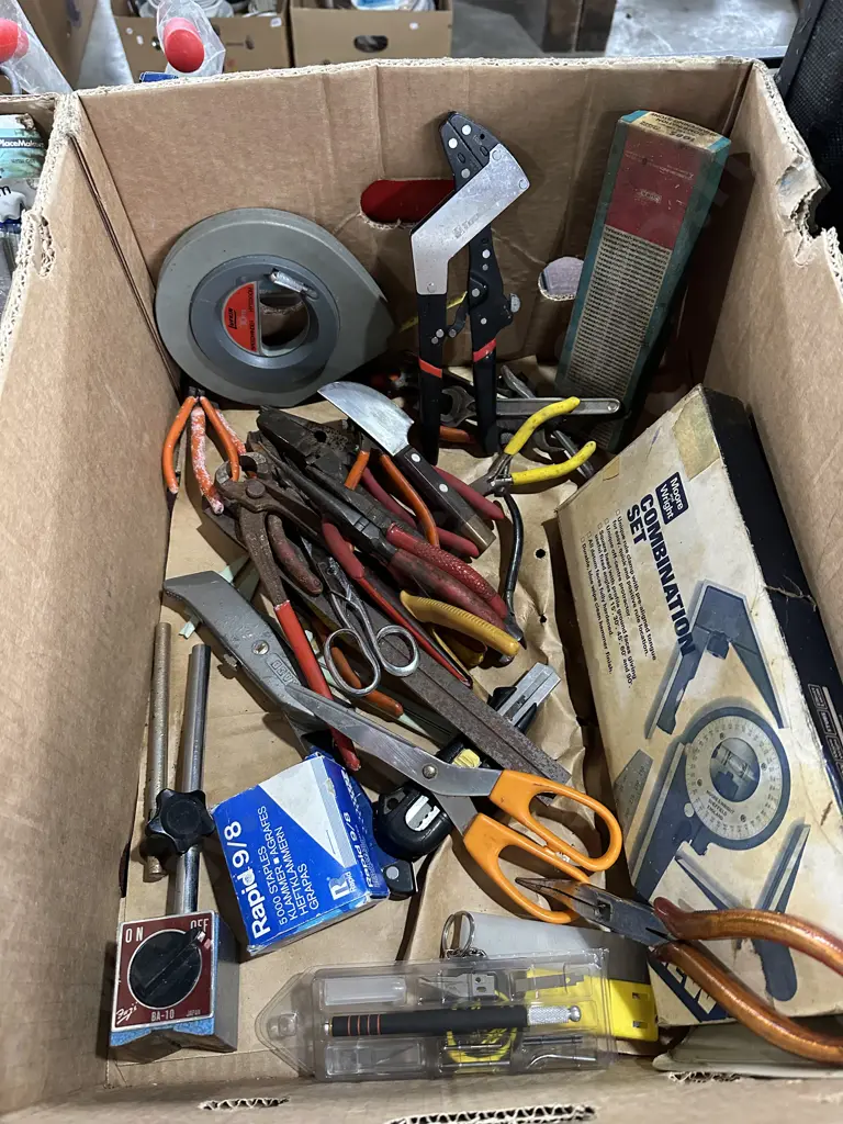 Box lot hand tools and sharpening stone etc. Image 1++
