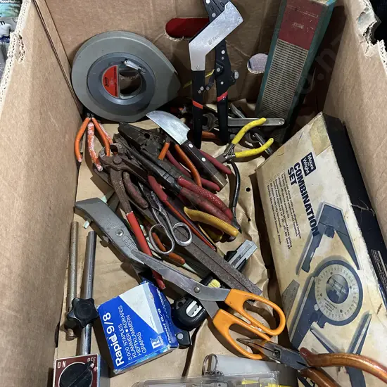 Box lot hand tools and sharpening stone etc.