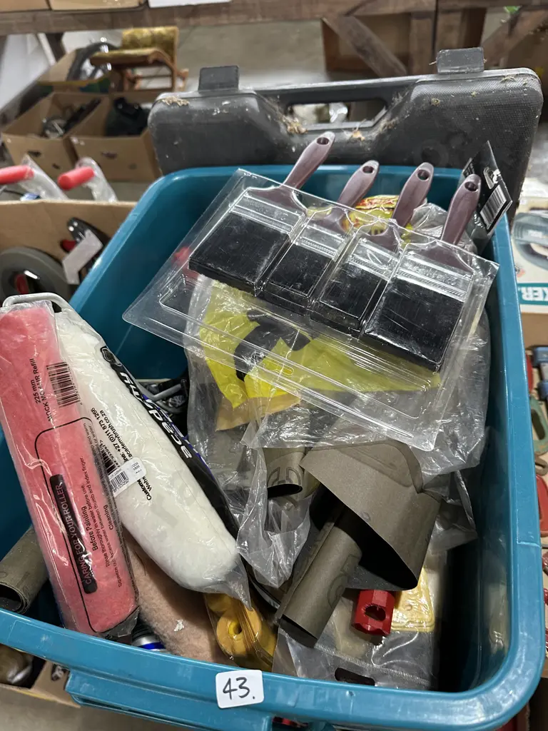 Lidded bin full of painting tools and accessories etc. Image 1++