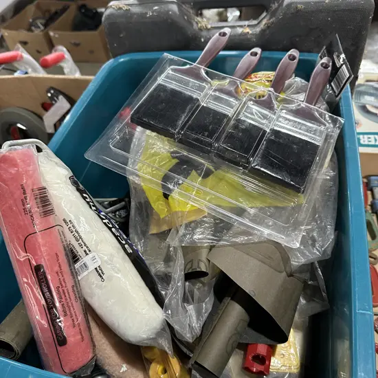 Lidded bin full of painting tools and accessories etc.