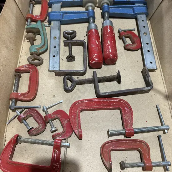 Box lot collection of clamps.