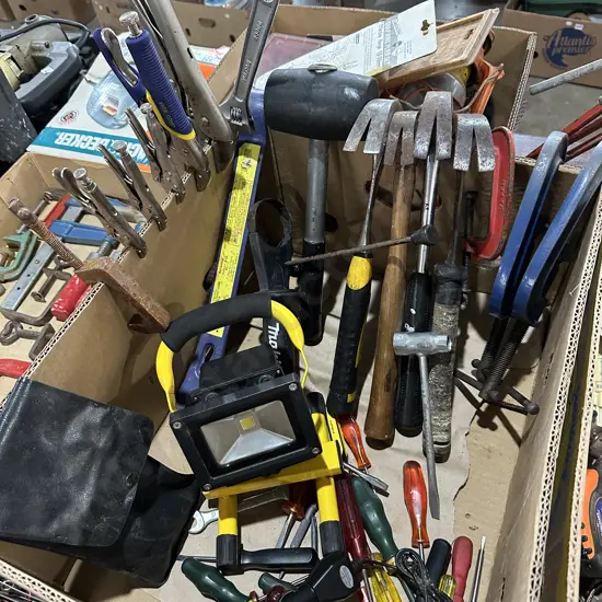 Box lot hand tools plus Jobmate LED chargeable work light