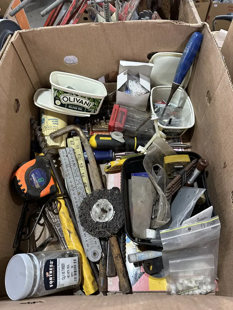 Box lot of assorted tools and hardware etc. Image 1++