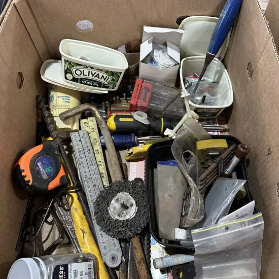 Box lot of assorted tools and hardware etc.