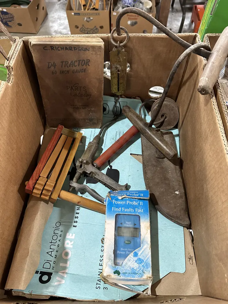 Box lot scales, vintage hay bale hooks, electric fence faults finder etc. Image 1++