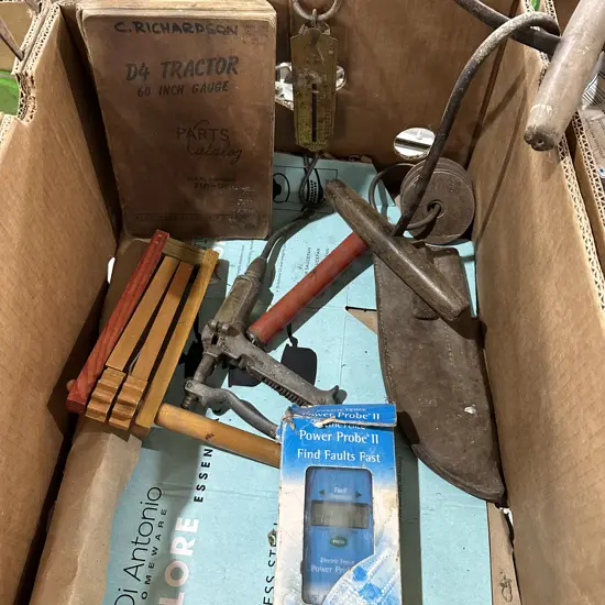 Box lot scales, vintage hay bale hooks, electric fence faults finder etc.