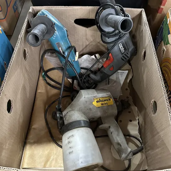 Makita angle grinder, Ozito power drill and wagner sprayer.