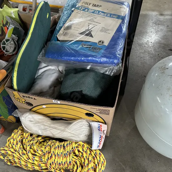 Box lot tarp and ropes etc.