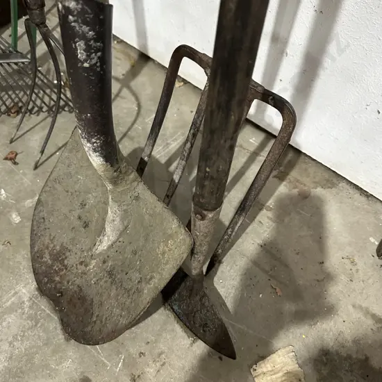 garden fork, shovel and hoe