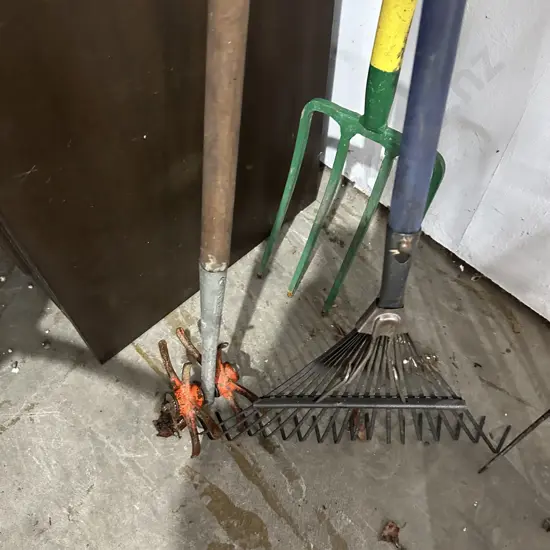 garden fork, tiller, rake
