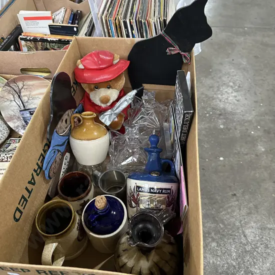 Box lot of assorted items including a singing "Rainy Day Bear" etc.