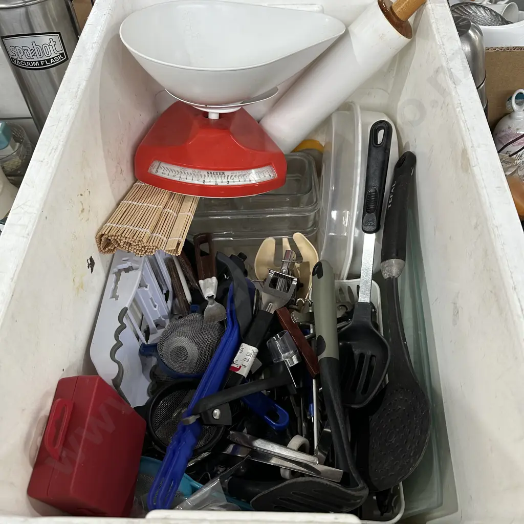 Large bin with scales, cutlery and utensils etc. Image 1++