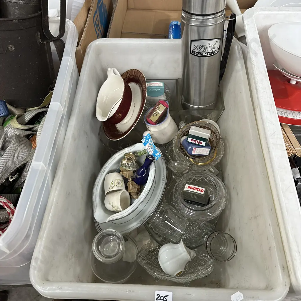 Bin lot of glassware, s/s vacuum flask, office stamps etc. Image 1++