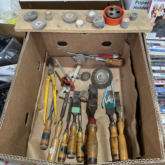 Box lot of tools including Marples chisels etc.
