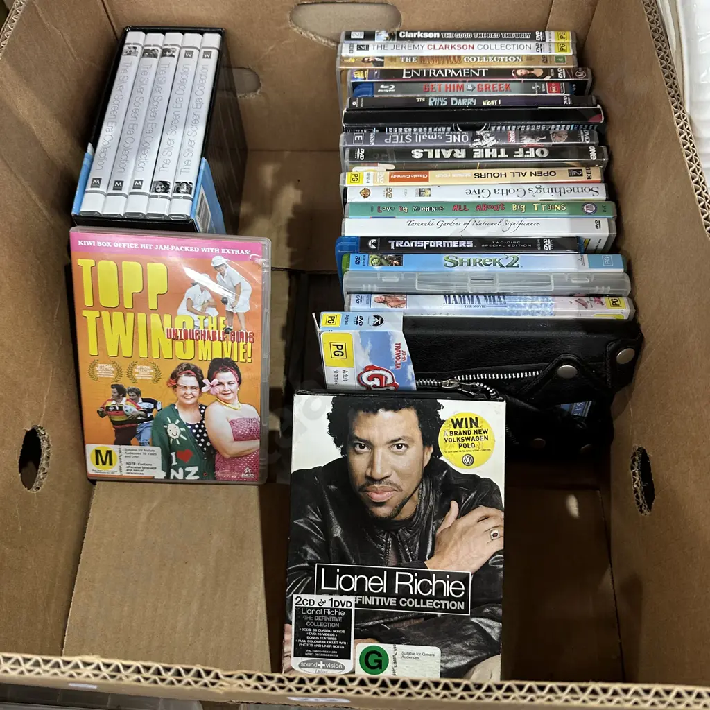 Box lot of DVDs including Topp Twins Untouchable girls and Lionel Richie collection etc. Image 1++
