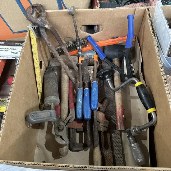 Box lot of old tools including Marples chisels