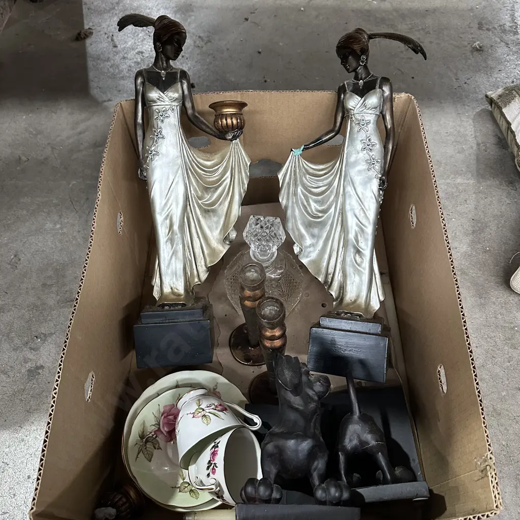 Box lot Art-Deco style figures, candlesticks and english china, dog book ends etc. (some damage) Image 1++