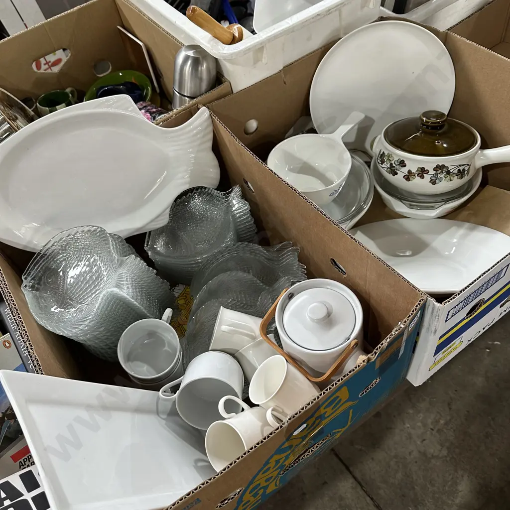 Two boxes fish plates and server, vintage Corning Ware sauce pan etc. Image 1++