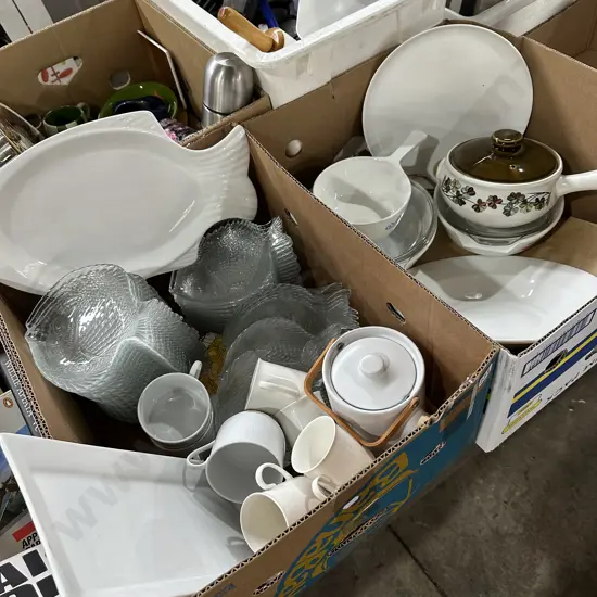 Two boxes fish plates and server, vintage Corning Ware sauce pan etc.