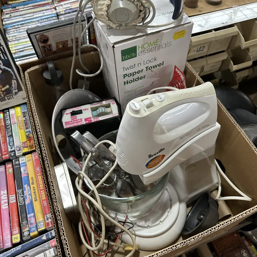 Box lot Breville Wizz Mix, Paper towel holder plus 6v/12v battery charger etc. Image 1++