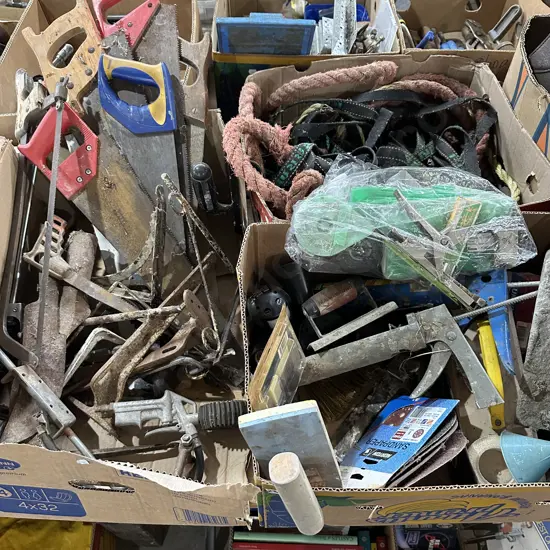 Three boxes saws, ropes and tie downs, concrete tools etc.