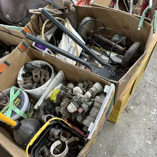 Two boxes irrigation, tools including No 4 Stanley plane etc.