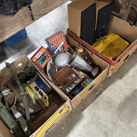 Three boxes of assorted items.