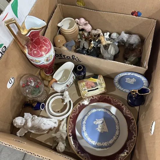 Box lot of collectables including wedgewood, animal figures etc.