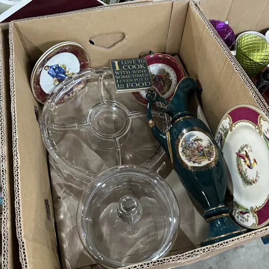 Box lot glass lidded candy jar, Limoges plate, nibbles dish etc.