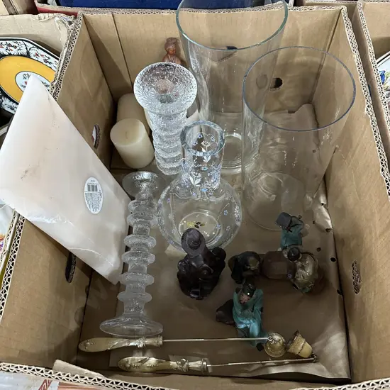 Box lot large vases, glass candle sticks, candles, figures etc.