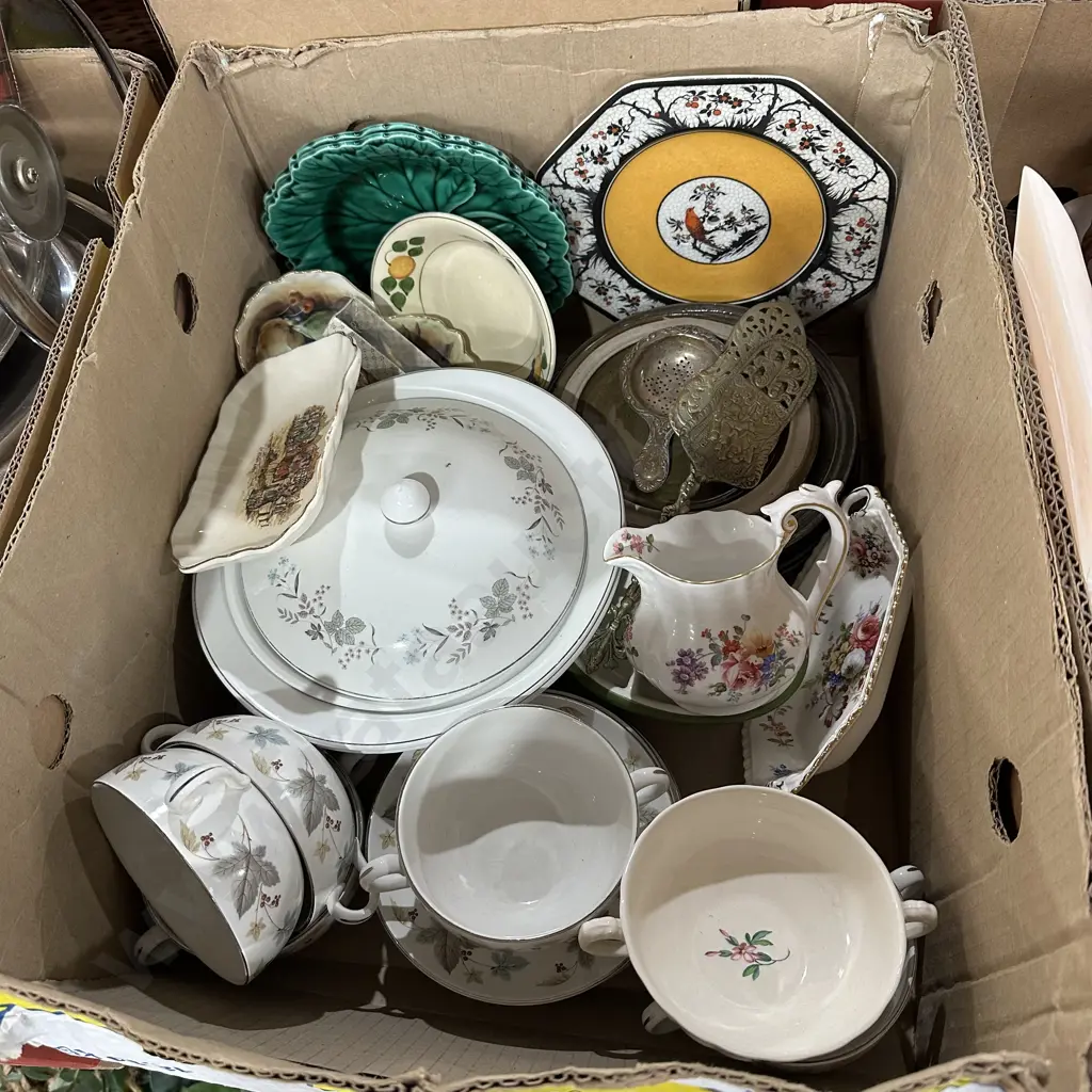 Box lot of pottery and english china including Royal crown Derby posies etc. Image 1++