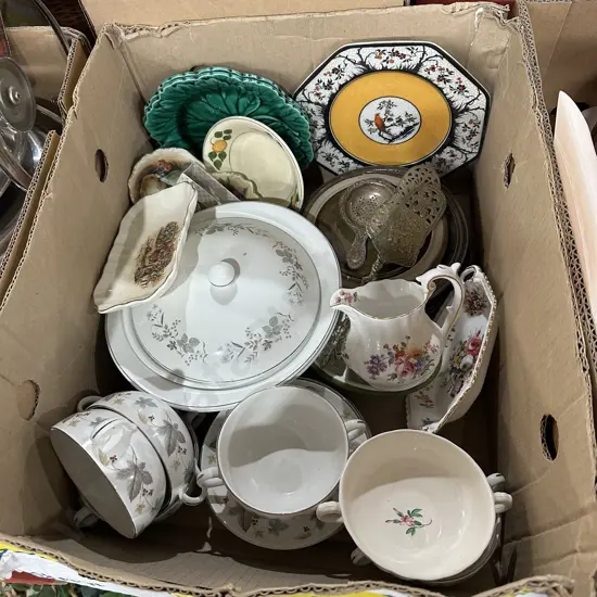 Box lot of pottery and english china including Royal crown Derby posies etc.