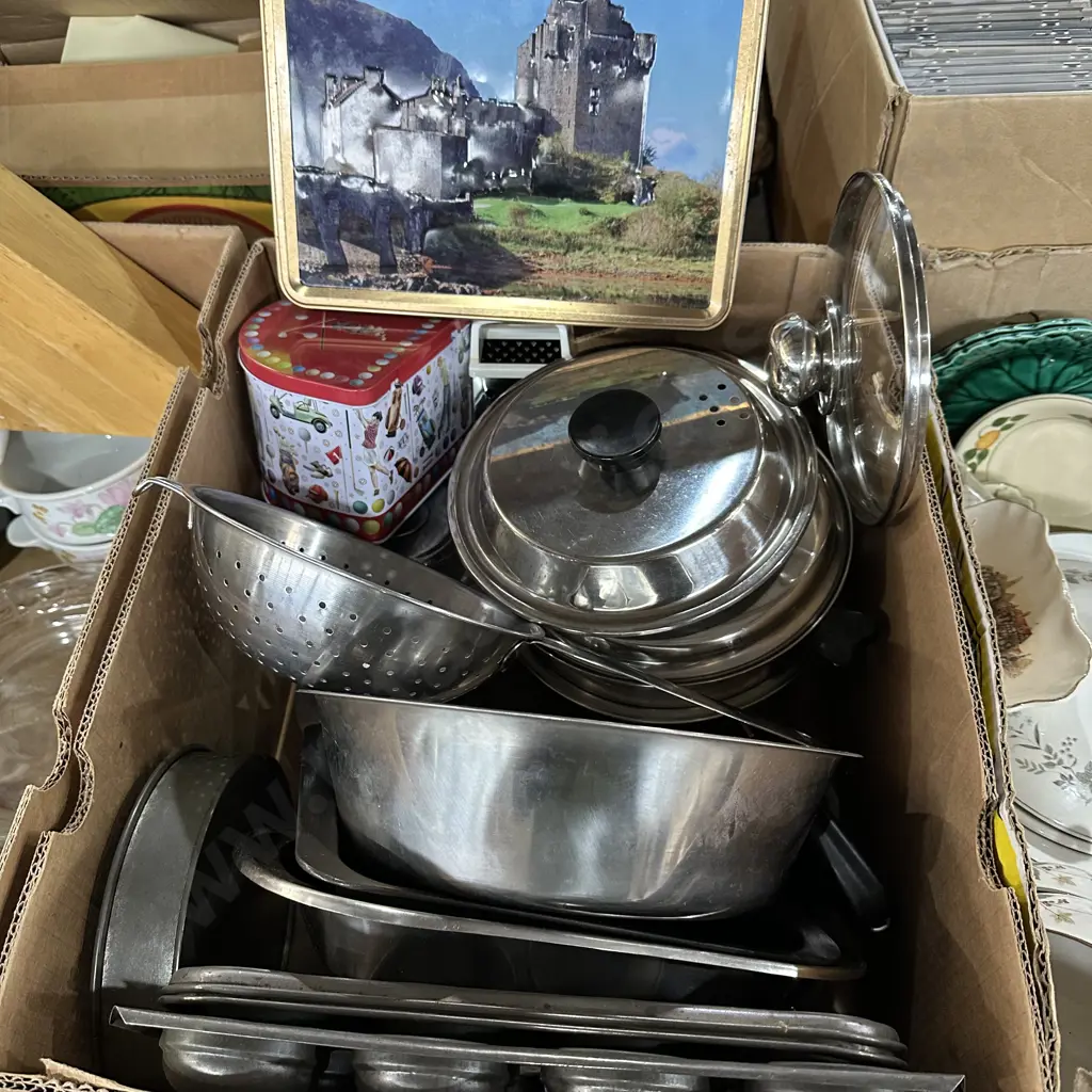Box lot lidded pots, bakeware, colander, tins etc. Image 1++